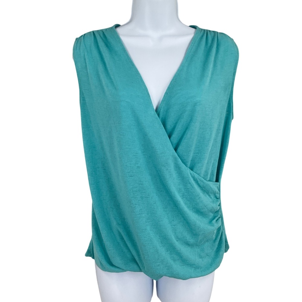 Athleta Wrap Top Womens Small Petite Teal Blue Ruched Surplice Athleisure Travel